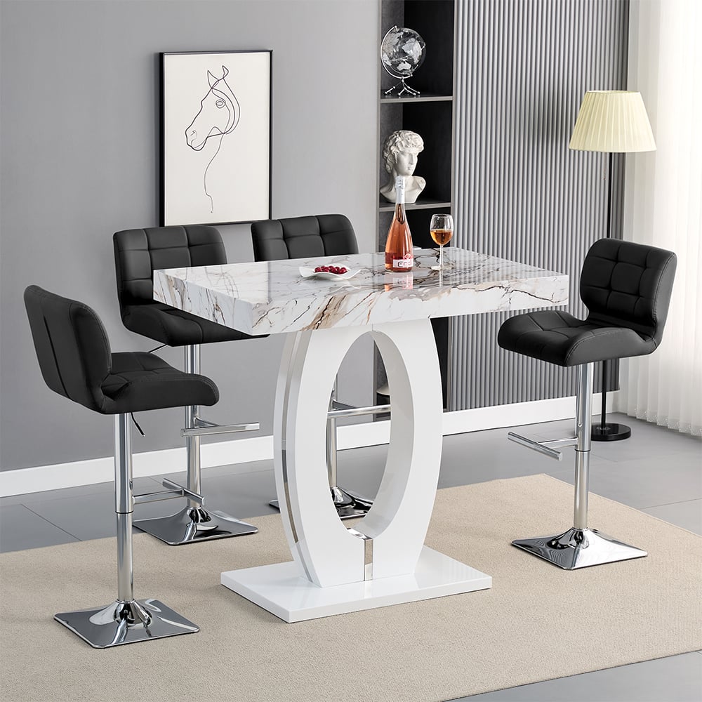 Halifax Milo Marble Effect Bar Table With 4 Canyon Black Stools