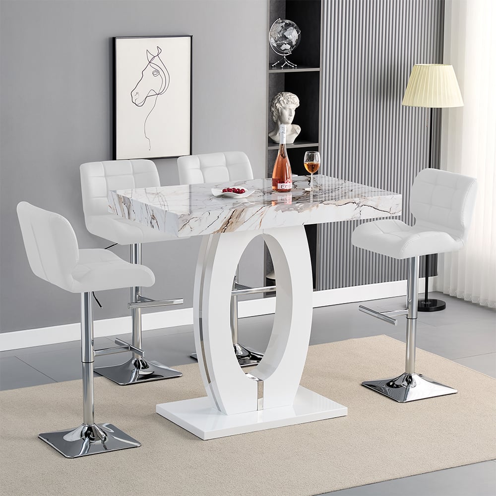 Halifax Milo Marble Effect Bar Table With 4 Canyon White Stools