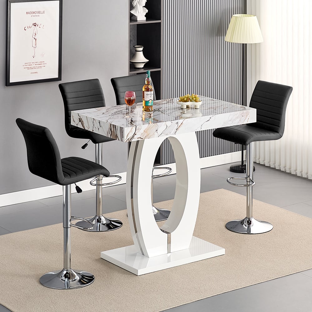 Halifax Milo Marble Effect Bar Table With 4 Rifle Black Stools