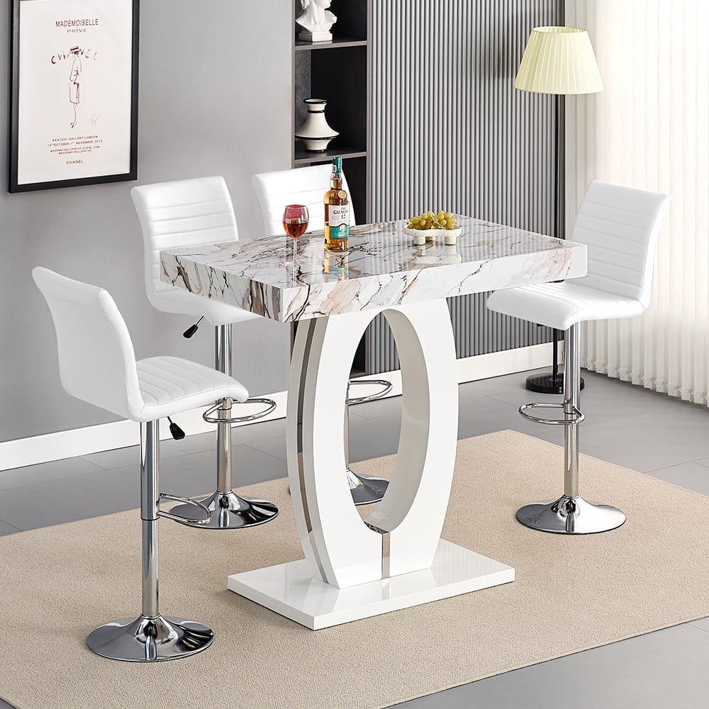 Halifax Milo Marble Effect Bar Table With 4 Rifle White Stools