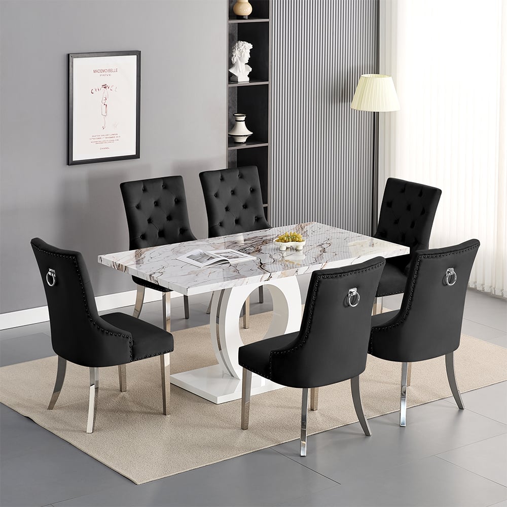 Halifax Milo Marble Effect Dining Table 6 Irvine Black Chairs