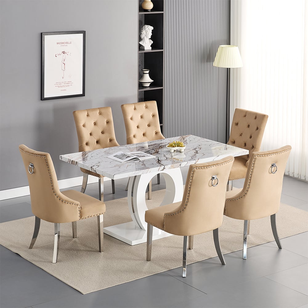 Halifax Milo Marble Effect Dining Table 6 Irvine Champagne Chairs