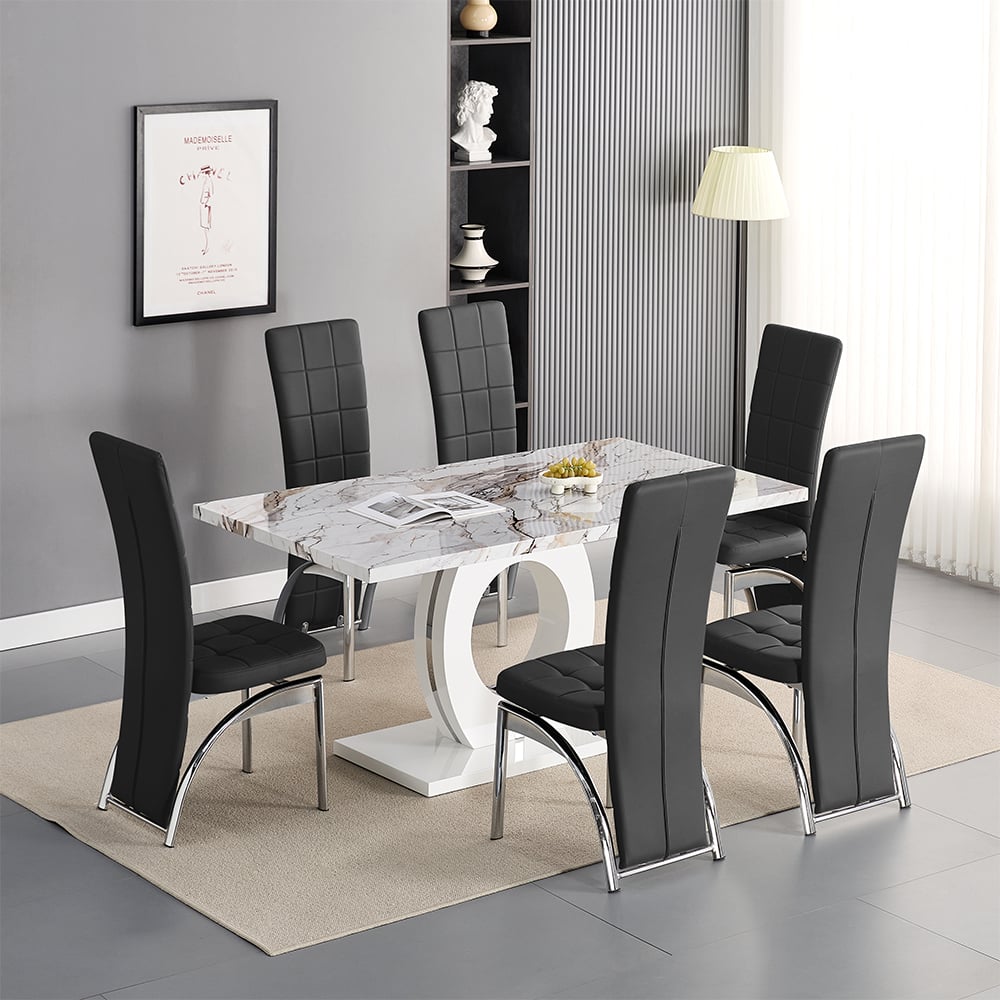 Halifax Milo Marble Effect Dining Table 6 Riverton Black Chairs