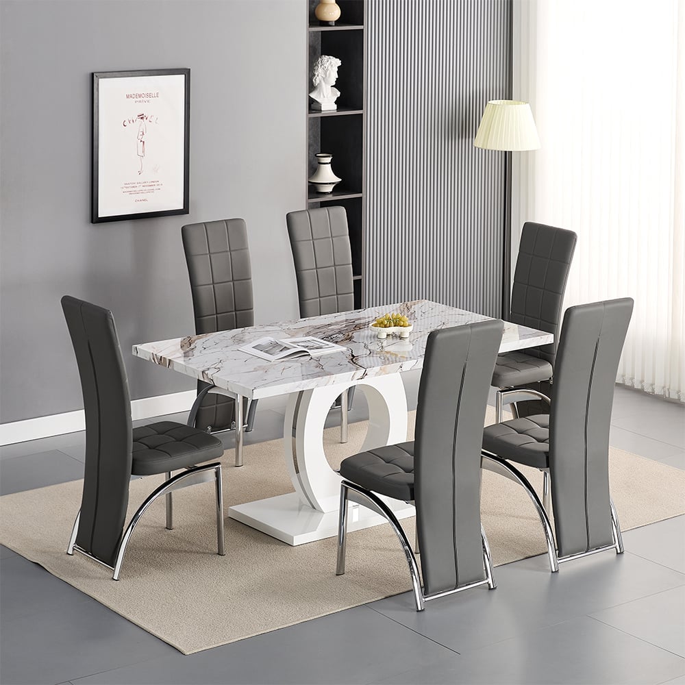 Halifax Milo Marble Effect Dining Table 6 Riverton Grey Chairs