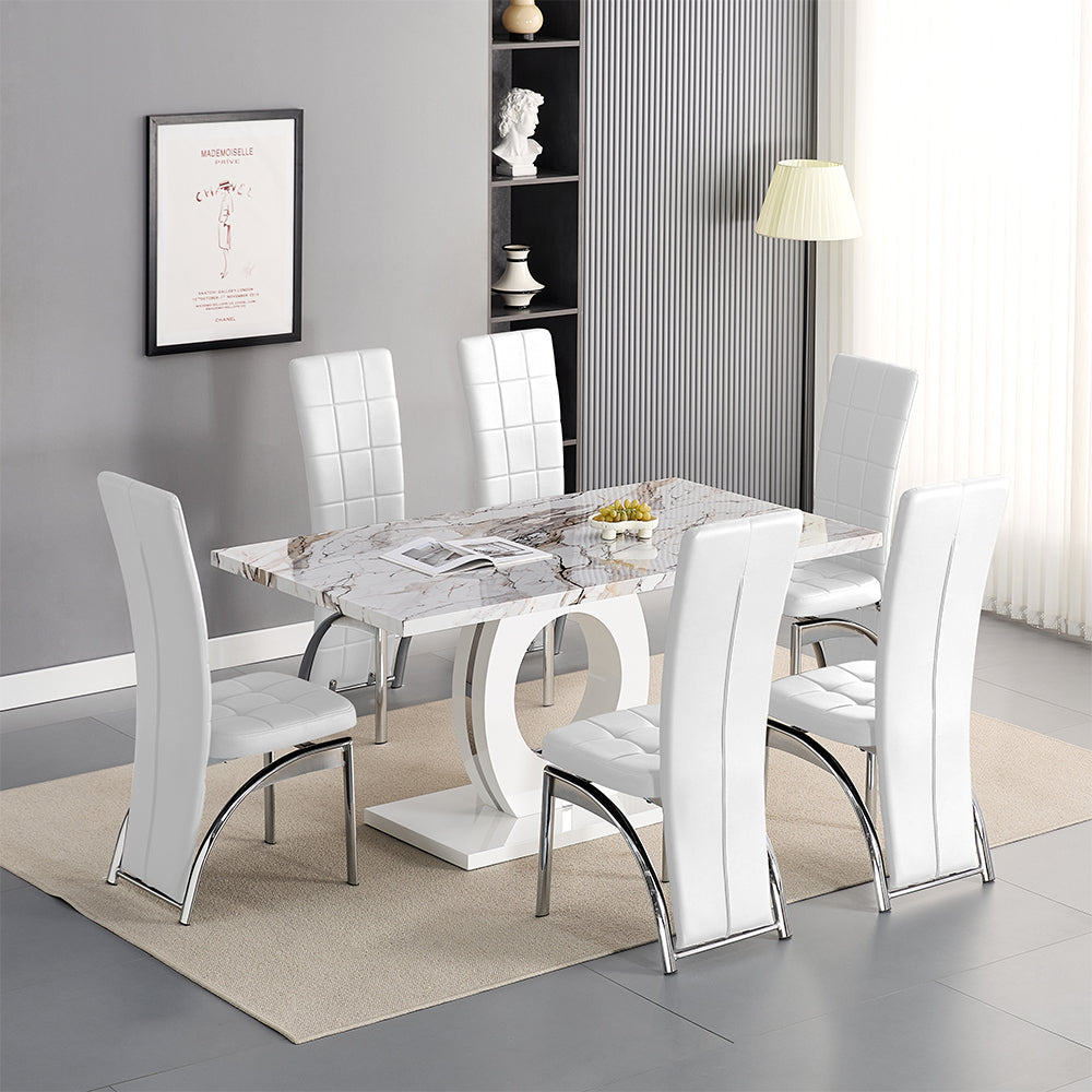 Halifax Milo Marble Effect Dining Table 6 Riverton White Chairs