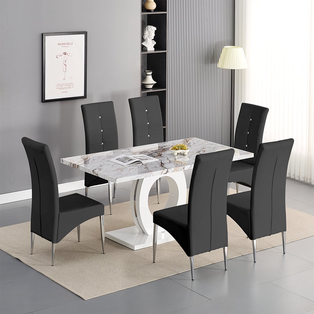 Halifax Milo Marble Effect Dining Table 6 Versilia Black Chairs