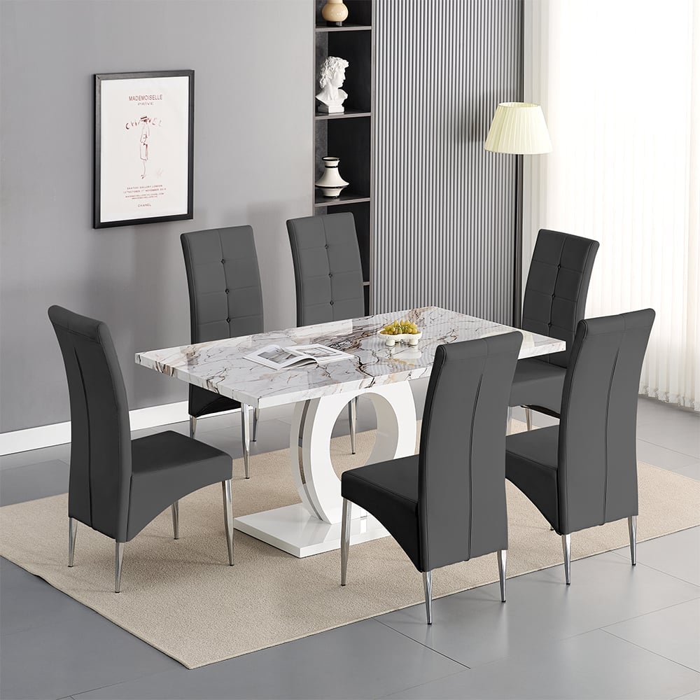 Halifax Milo Marble Effect Dining Table 6 Versilia Grey Chairs