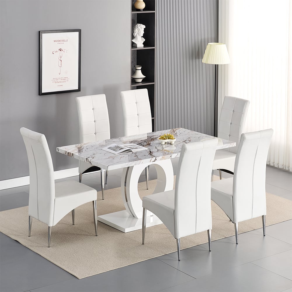 Halifax Milo Marble Effect Dining Table 6 Versilia White Chairs