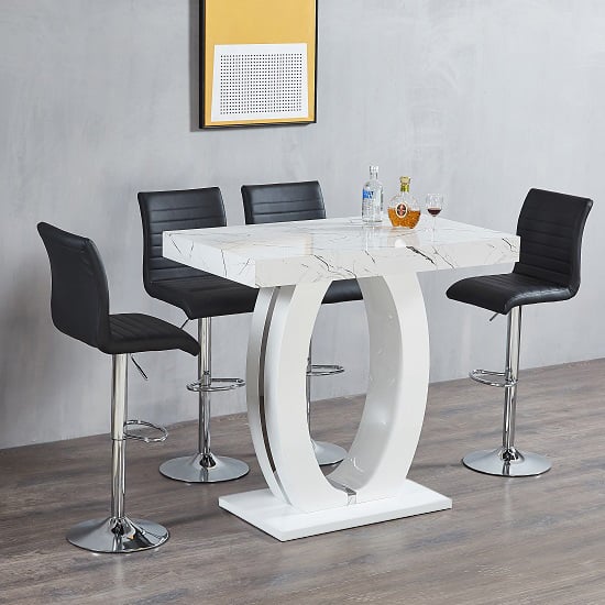 Halifax Vida Marble Effect Bar Table With 4 Rifle Black Stools