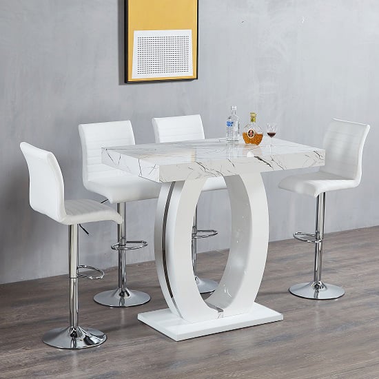 Halifax Vida Marble Effect Bar Table With 4 Rifle White Stools
