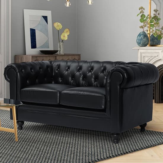 Hampton Chesterfield Faux Leather 2 Seater Sofa In Black