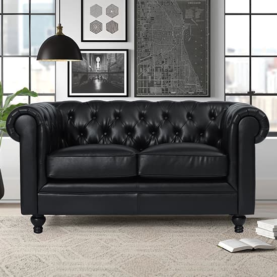 Hampton Chesterfield Faux Leather 2 Seater Sofa In Black