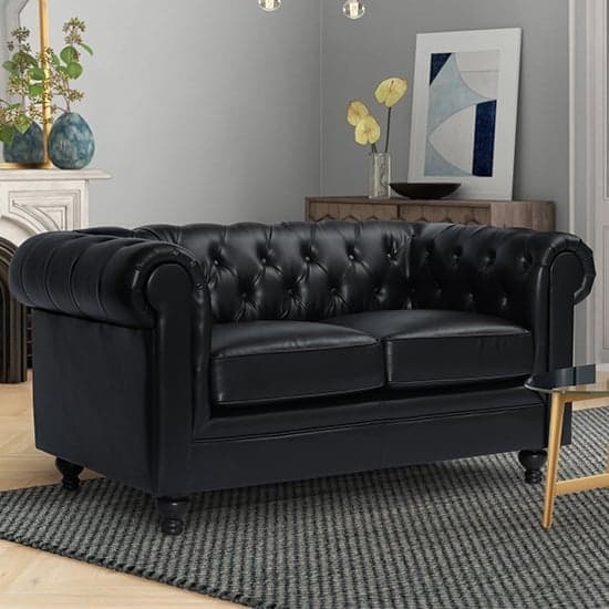 Hampton Chesterfield Faux Leather 2 Seater Sofa In Black