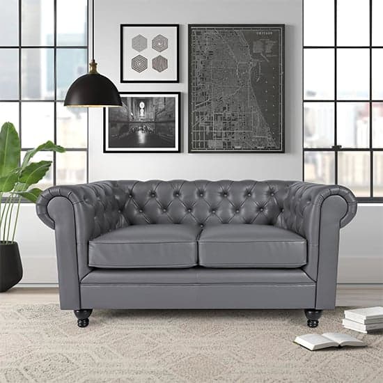 Hampton Chesterfield Faux Leather 2 Seater Sofa In Dark Grey