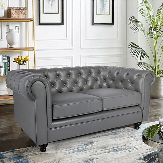 Hampton Chesterfield Faux Leather 2 Seater Sofa In Dark Grey