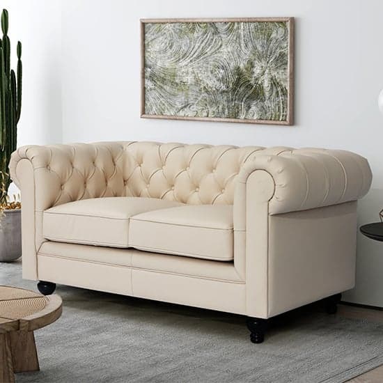 Hampton Chesterfield Faux Leather 2 Seater Sofa In Ivory