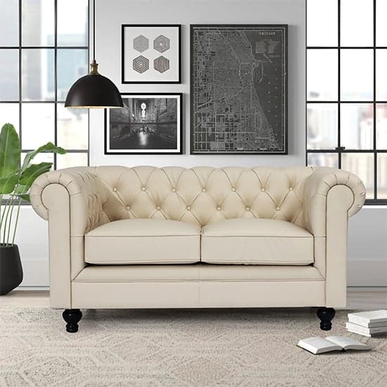 Hampton Chesterfield Faux Leather 2 Seater Sofa In Ivory