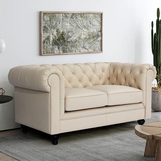 Hampton Chesterfield Faux Leather 2 Seater Sofa In Ivory