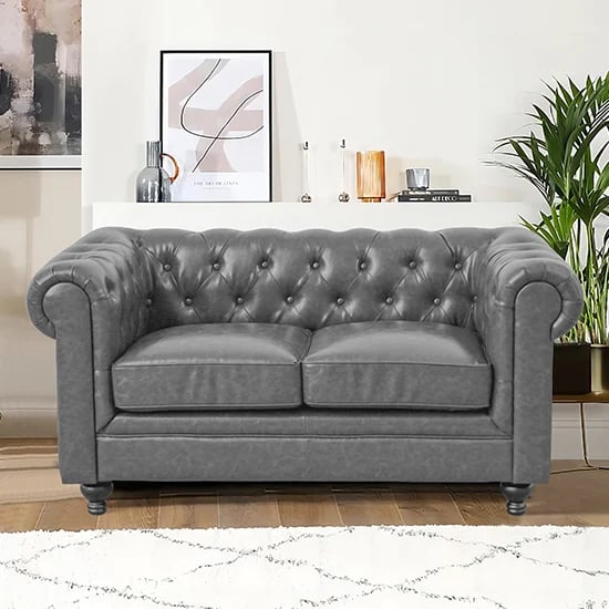 Hampton Chesterfield Faux Leather 2 Seater Sofa In Vintage Grey