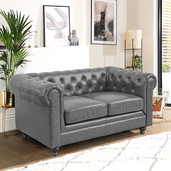 Hampton Chesterfield Faux Leather 2 Seater Sofa In Vintage Grey