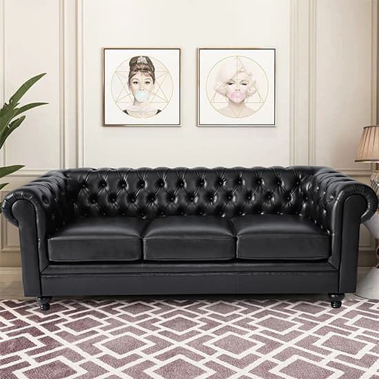 Hampton Chesterfield Faux Leather 3 Seater Sofa In Black