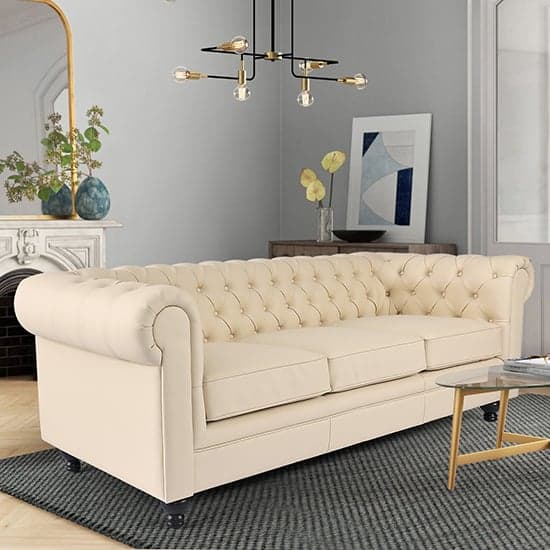 Hampton Chesterfield Faux Leather 3 Seater Sofa In Ivory