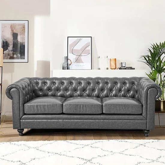 Hampton Chesterfield Faux Leather 3 Seater Sofa In Vintage Grey