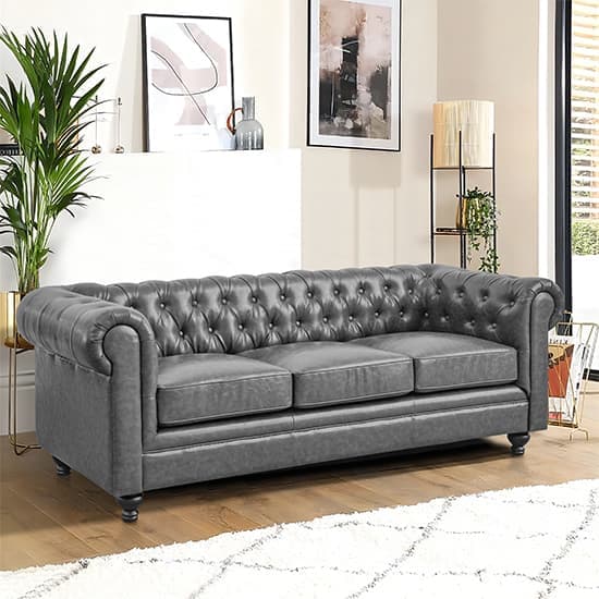 Hampton Chesterfield Faux Leather 3 Seater Sofa In Vintage Grey