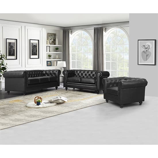 Hampton Chesterfield Faux Leather 3+2+1 Sofa Set In Black