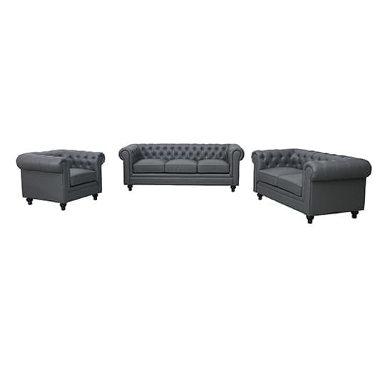 Hampton Chesterfield Faux Leather 3+2+1 Sofa Set In Dark Grey