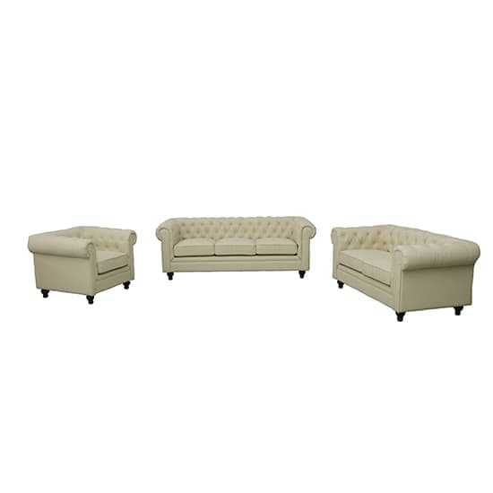 Hampton Chesterfield Faux Leather 3+2+1 Sofa Set In Ivory