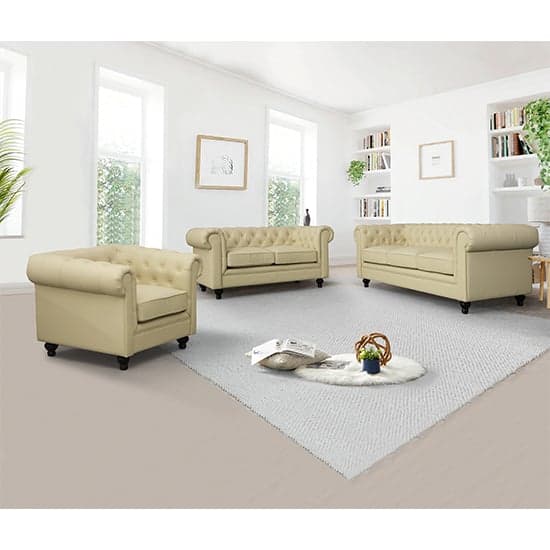 Hampton Chesterfield Faux Leather 3+2+1 Sofa Set In Ivory