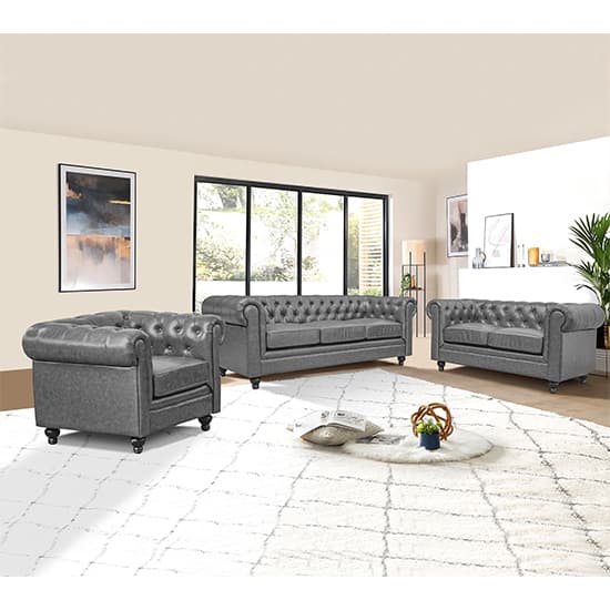 Hampton Chesterfield Faux Leather 3+2+1 Sofa Set In Vintage Grey
