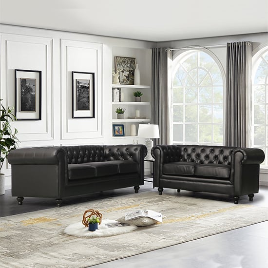 Hampton Faux Leather 3 + 2 Seater Sofa Set In Black