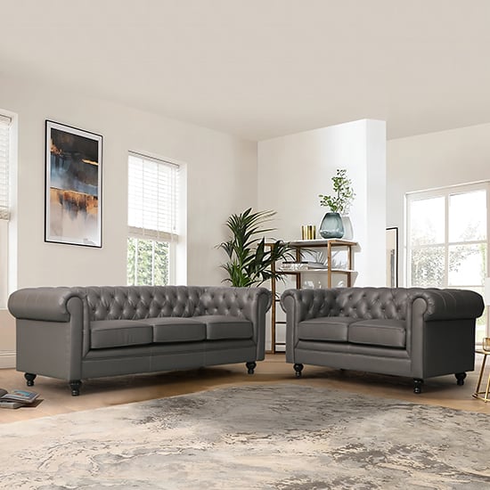 Hampton Faux Leather 3 + 2 Seater Sofa Set In Grey