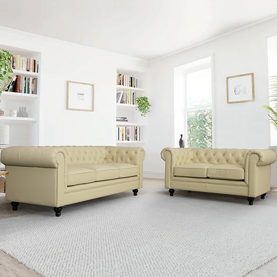 Hampton Faux Leather 3 + 2 Seater Sofa Set In Ivory