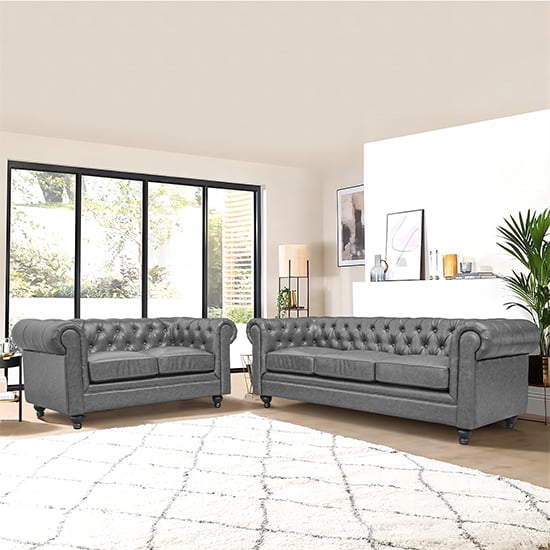 Hampton Faux Leather 3 + 2 Seater Sofa Set In Vintage Grey