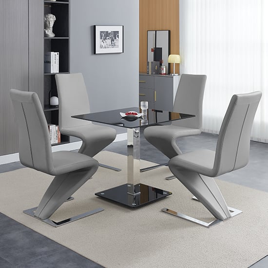 Hartville Black Glass Bistro Dining Table 4 Destin Z Grey Chairs