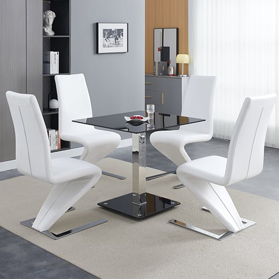 Hartville Black Glass Bistro Dining Table 4 Destin Z White Chairs