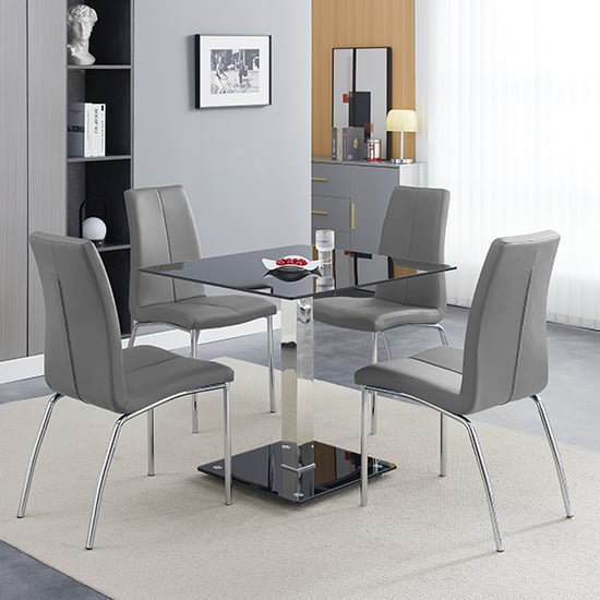 Hartville Black Glass Bistro Dining Table 4 Opelika Grey Chairs