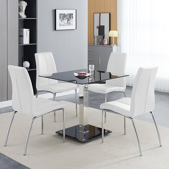 Hartville Black Glass Bistro Dining Table 4 Opelika White Chairs