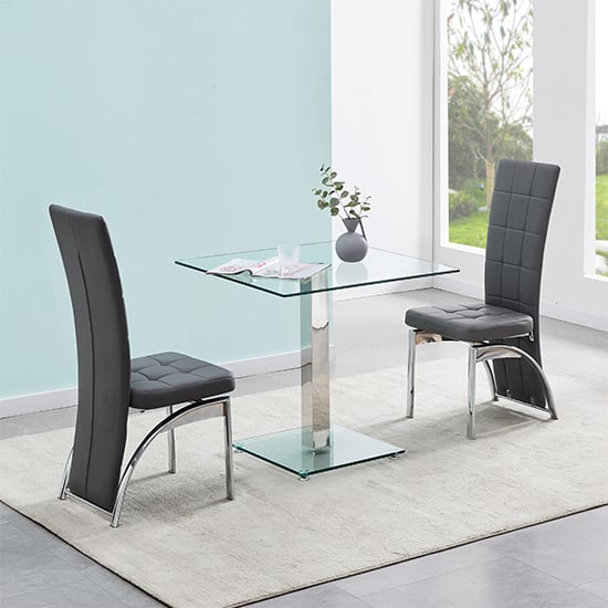 Hartville Clear Glass Dining Table With 2 Riverton Grey Chairs