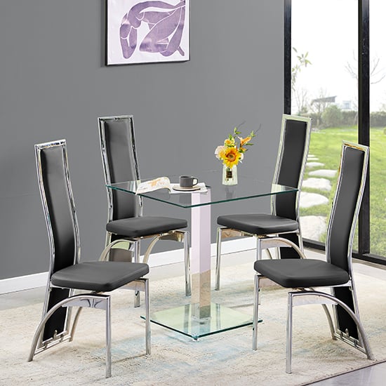 Hartville Clear Glass Dining Table With 4 Chickasha Black Chairs