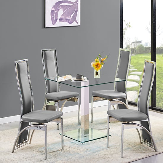 Hartville Clear Glass Dining Table With 4 Chickasha Grey Chairs