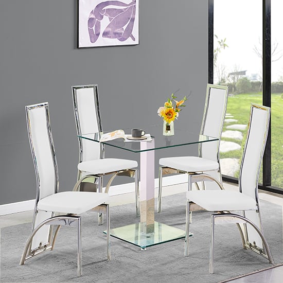 Hartville Clear Glass Dining Table With 4 Chickasha White Chairs