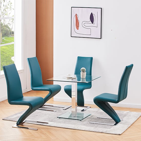 Hartville Clear Glass Dining Table With 4 Destin Z Teal Chairs