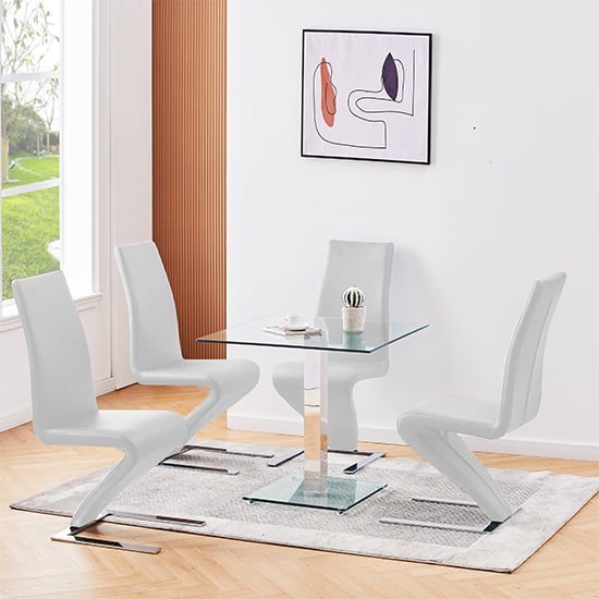 Hartville Clear Glass Dining Table With 4 Destin Z White Chairs