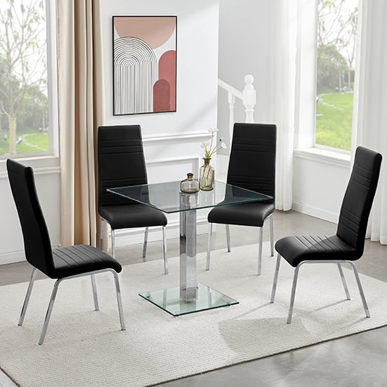 Hartville Clear Glass Dining Table With 4 Dortmund Black Chairs