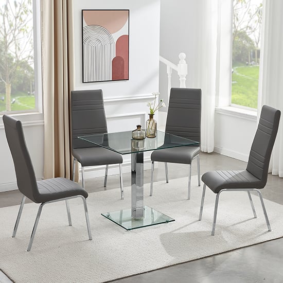 Hartville Clear Glass Dining Table With 4 Dortmund Grey Chairs