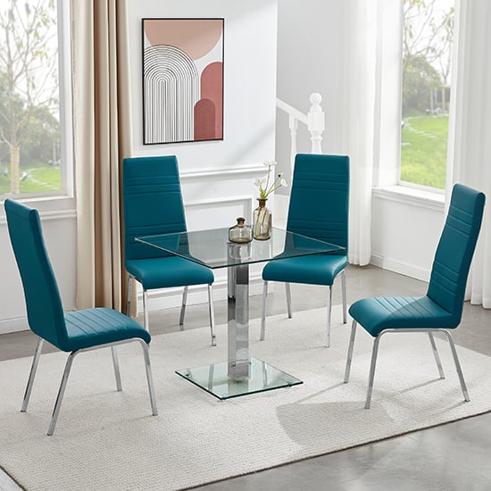 Hartville Clear Glass Dining Table With 4 Dortmund Teal Chairs